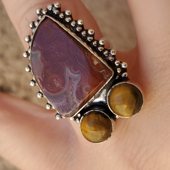 New Lake Superior Agate & Tiger Eye 925 Silver Ring. - Picture 1 of 13